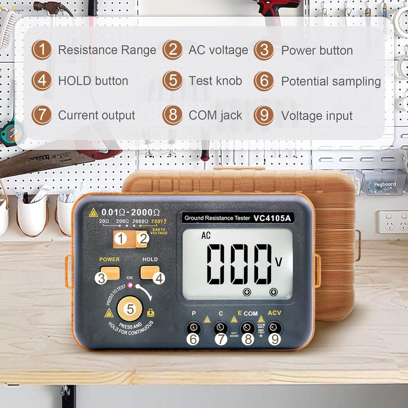 SKYCENX Telurometro,VC4105A Digital Earth Resistance Tester, Grounding Meter Tester for Earthing,Wood-Look Casing,Offers Three Resistance Ranges(20Ω/200Ω/2000Ω) and AC Voltages 750V - Image 2